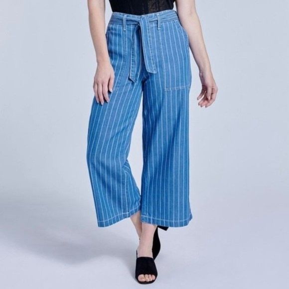 NWT Seven7 Cotton Lyocell Striped Tie Waist Wide Leg Pants - Picture 1 of 7